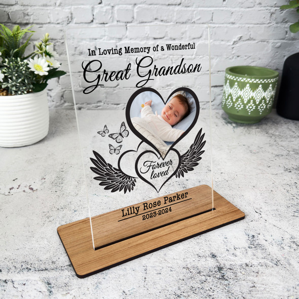 Great Grandson Heart Wings Photo Memorial Keepsake Gift Personalised Gift Plaque