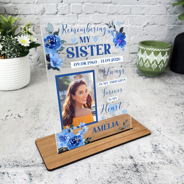 Sister Female Blue Flower Memorial Keepsake Gift Custom Personalised Gift Plaque