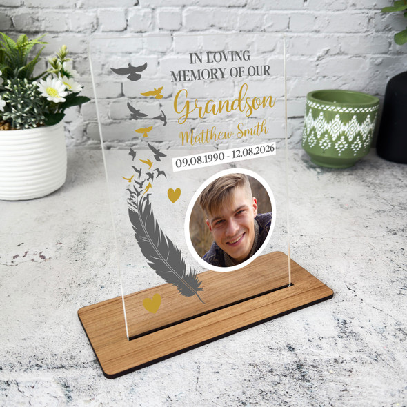 Grandson Memorial Keepsake Gift Feather Bird Gold Photo Personalised Gift Plaque