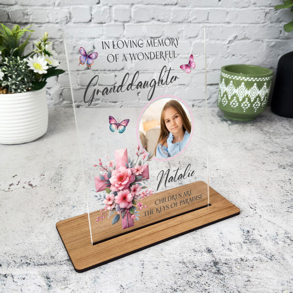 Granddaughter Pink Floral Cross Memorial Keepsake Gift Personalised Gift Plaque