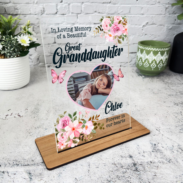 Great Granddaughter Pink Heart Photo Memorial Keepsake Gift Personalised Plaque