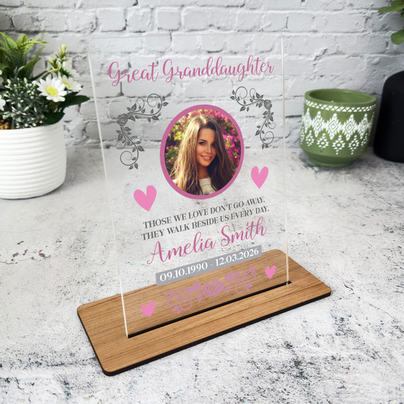 Great Granddaughter Memorial Keepsake Gift Pink Photo Rose Personalised Plaque