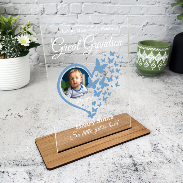 Great Grandson Heart Butterflies Photo Memorial Keepsake Gift Custom Plaque