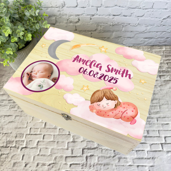 Pink Baby Girl Sleep Photo Pink Clouds New Baby Personalised Wooden Keepsake Box