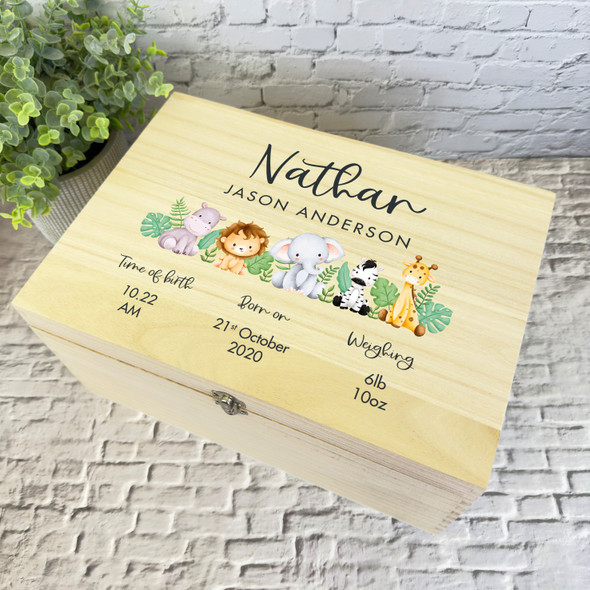 Watercolour Cute Safari Animals New Baby Personalised Wooden Memory Keepsake Box