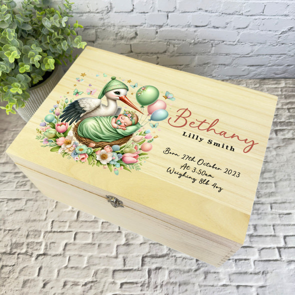 Green Stork Pink Blue Floral Balloons New Baby Personalised Wooden Keepsake Box