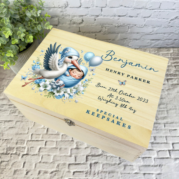 Blue Boy Floral Balloons Stork New Baby Personalised Wooden Memory Keepsake Box