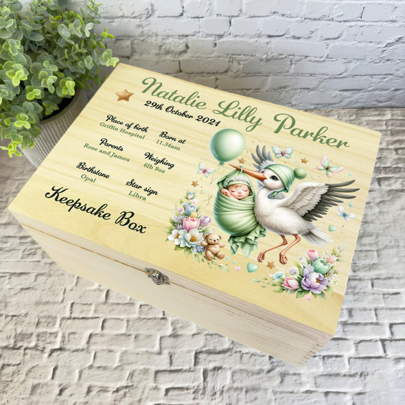 Floral Green Floral Stork Baby New Baby Personalised Wooden Memory Keepsake Box