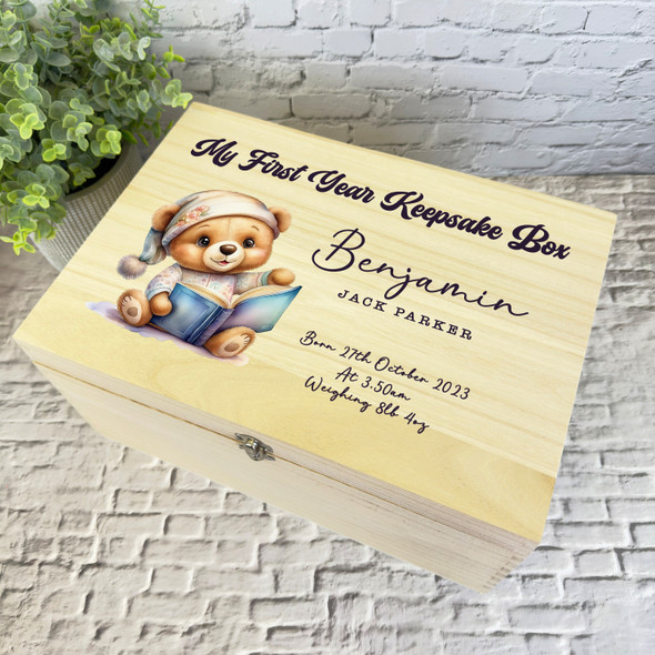 Teddy Bear With Book My First Year Kids Personalised Wooden Memory Keepsake Box