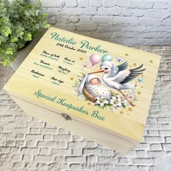 Floral Butterfly Stork New Baby Personalised Storage Wooden Memory Keepsake Box