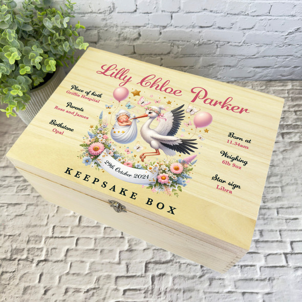 Pink Floral Stork Birth Details New Baby Girl Personalised Wooden Keepsake Box