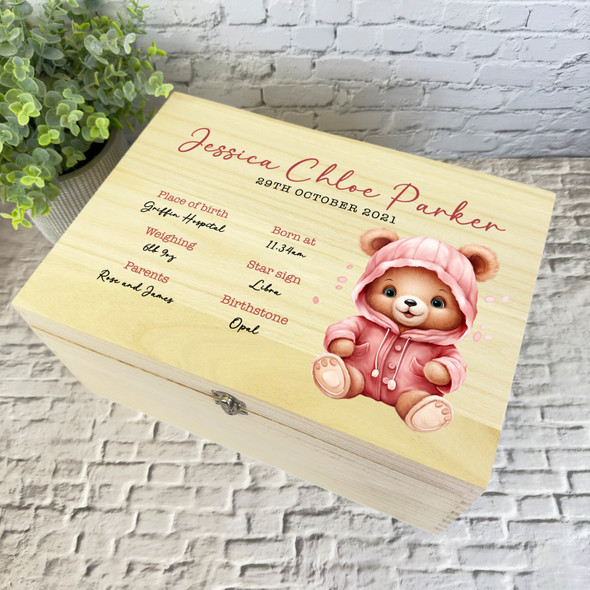 Pink Outfit Teddy Bear Birth Details New Baby Personalised Wooden Keepsake Box