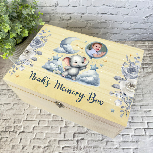 Memory Box Baby Elephant Blue Photo New Baby Personalised Wooden Keepsake Box