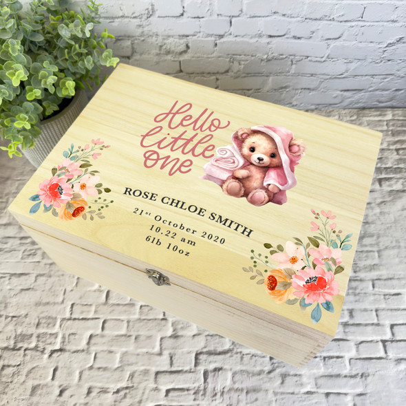 Teddy Bear Pink Towel Birth Details New Baby Personalised Wooden Keepsake Box