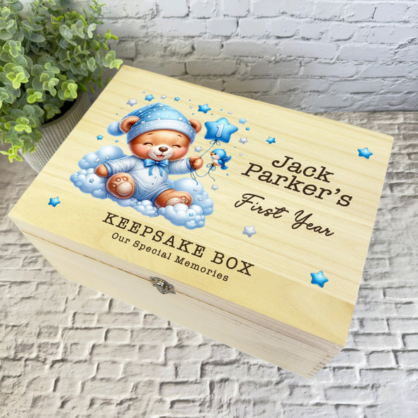 Happy Blue Teddy Bear Boys Stars First Year Personalised Wooden Keepsake Box