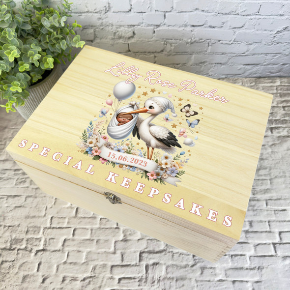 Peach Stork Holding Dark Skin New Baby Girl Personalised Wooden Keepsake Box