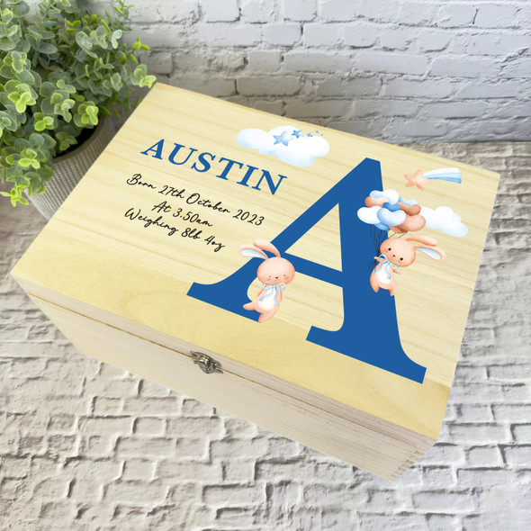 Blue Initial Letter Bunnies New Baby Personalised Wooden Memory Keepsake Box