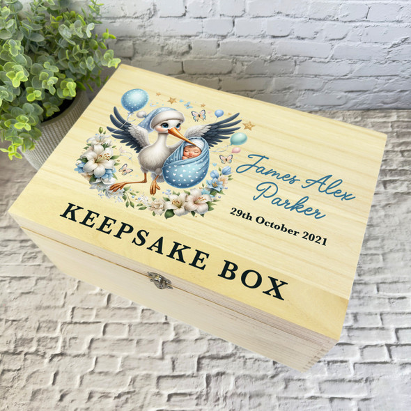 Blue Stork White Floral New Baby Boy Personalised Wooden Memory Keepsake Box