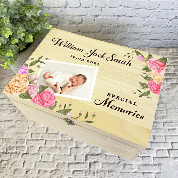 Roses Photo New Baby Memories Personalised Wooden Memory Keepsake Box