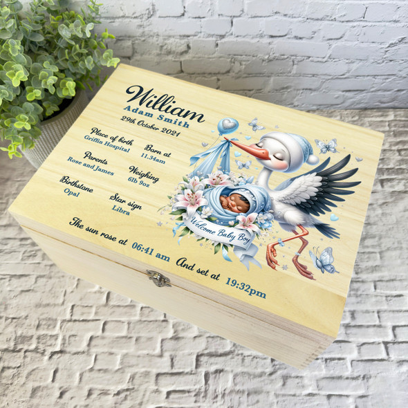 Blue Pink Floral Stork New Baby Boy Personalised Wooden Memory Keepsake Box