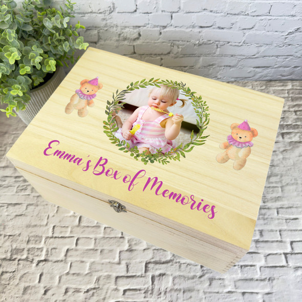 New Baby Girl Box Of Memories Photo Teddy Personalised Wooden Keepsake Box