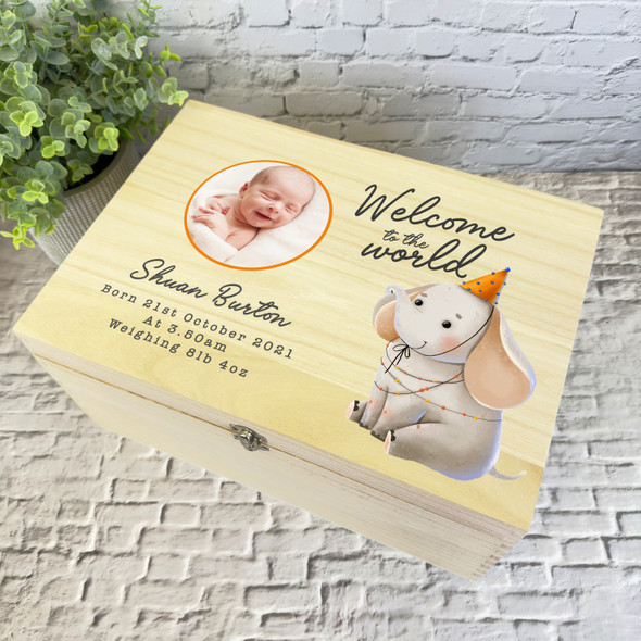 Watercolour Elephant Round Photo New Baby Personalised Wooden Keepsake Box