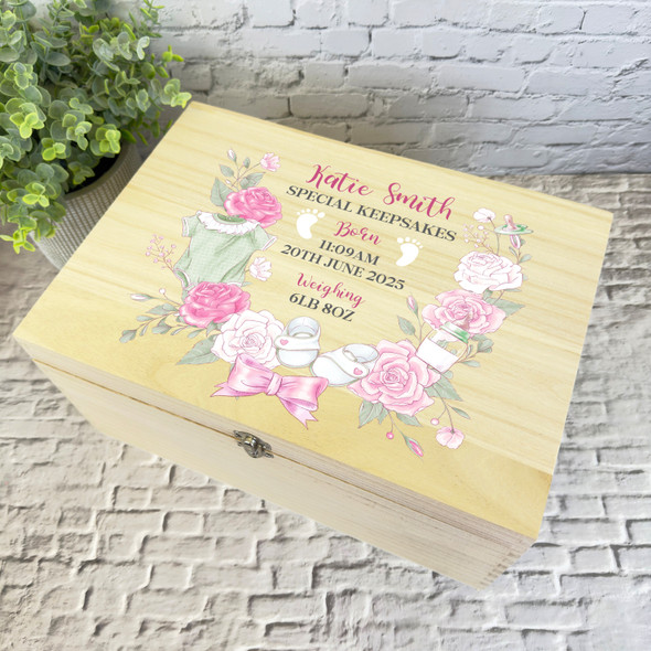 New Baby Girl Pink Flowers Personalised Storage Wooden Memory Keepsake Box