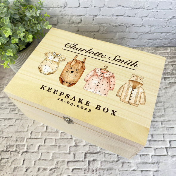 Watercolour Baby Clothes New Baby Personalised Wooden Memory Keepsake Box