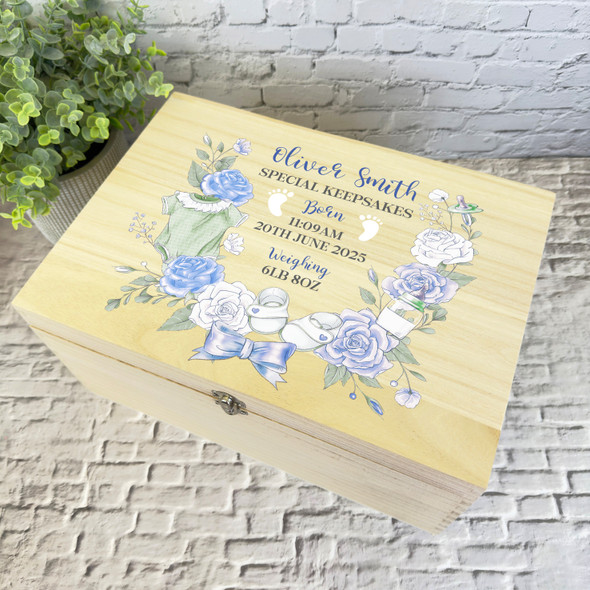 New Baby Boy Blue Floral Personalised Storage Wooden Memory Keepsake Box