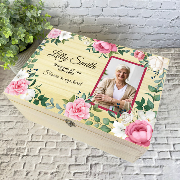 Pink White Floral Photo Frame Memories Memorial Personalised Wooden Keepsake Box