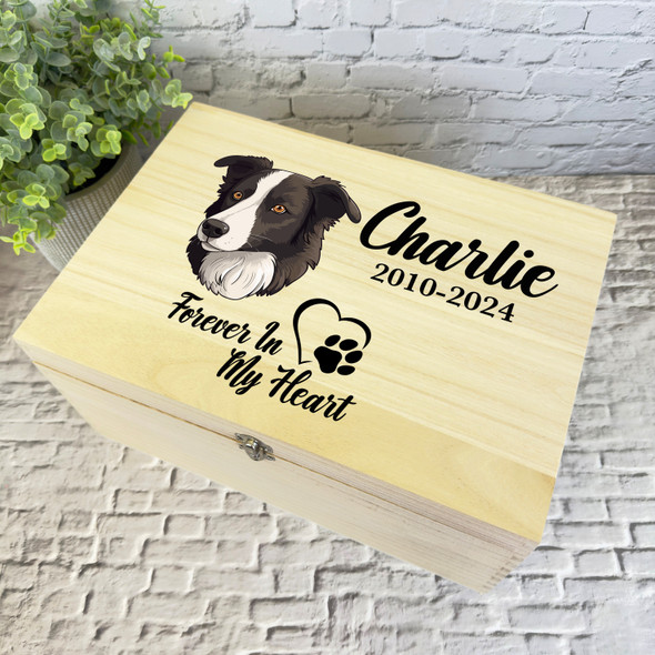 Border Collie Dog Paw Print Heart Pet Memorial Personalised Wooden Keepsake Box