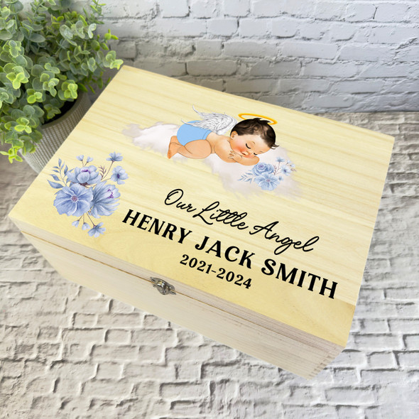 Light Brown Hair Baby Boy Blue Floral Memorial Personalised Wooden Keepsake Box