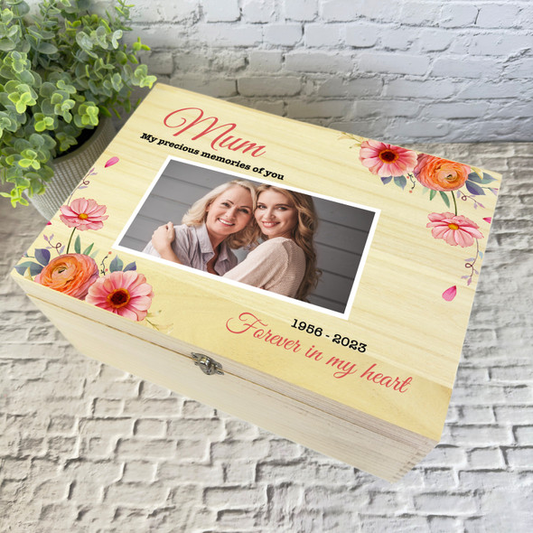 Mum Or Any Relation Pink Floral Photo Memorial Personalised Wooden Keepsake Box