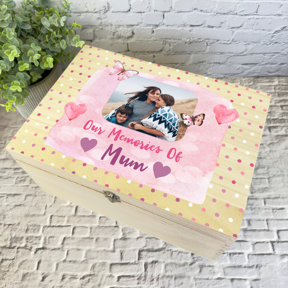 Our Memories Of Mum Pink Photo Memorial Personalised Wooden Memory Keepsake Box