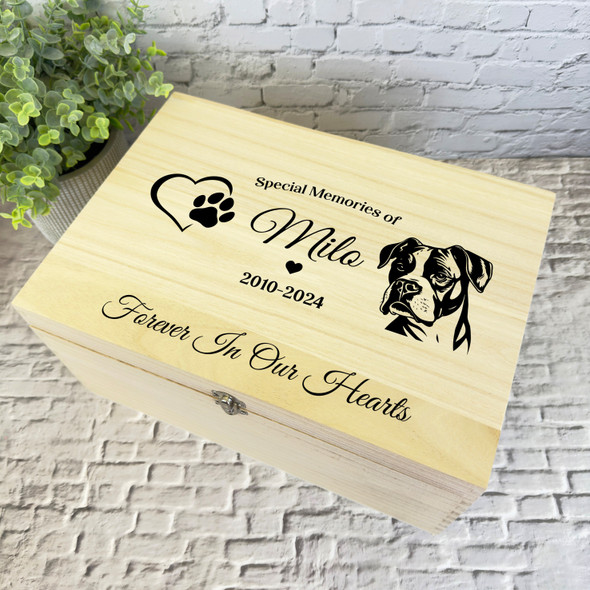 Heart Paw Print Boxer Silhouette Pet Memorial Personalised Wooden Keepsake Box