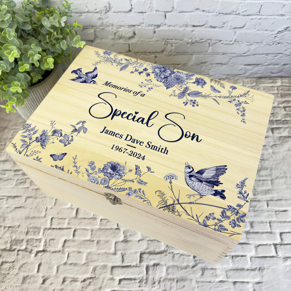 Navy Birds Memories Of A Special Son Memorial Personalised Wooden Keepsake Box