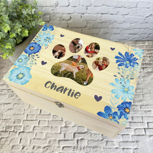 Blue Flower Pet Loss Paw Photos Dog Memorial Personalised Wooden Keepsake Box