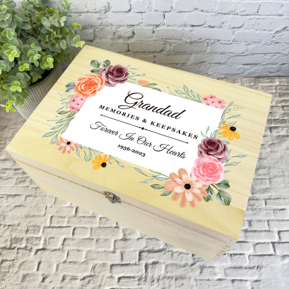 Grandad Memories Watercolour Floral Memorial Personalised Wooden Keepsake Box