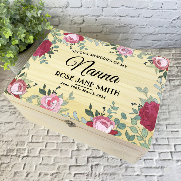 Memories Of Nanna Pink Floral Frame Memorial Personalised Wooden Keepsake Box