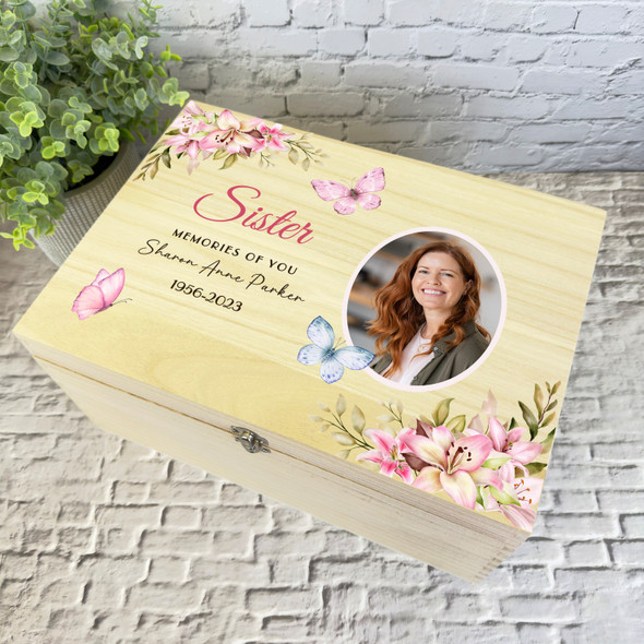 Sister Pink Butterflies Photo Frame Memorial Personalised Wooden Keepsake Box