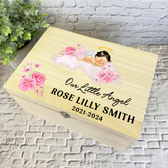 Sleep Brunette Hair Baby Girl Wings Memorial Personalised Wooden Keepsake Box