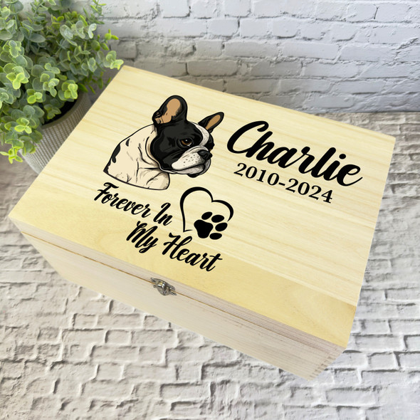 French Bulldog Paw Print Heart Pet Memorial Personalised Wooden Keepsake Box