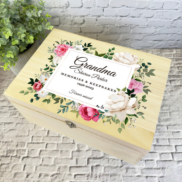 Grandma Pink White Floral Memories Memorial Personalised Wooden Keepsake Box