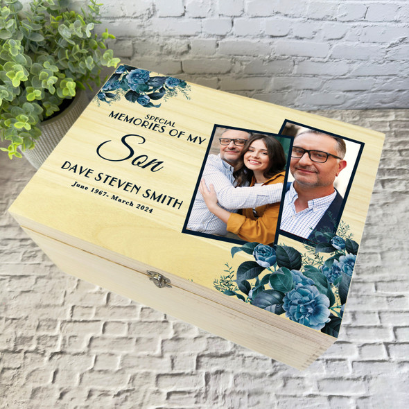 Memories Of Son Blue Floral Photos Memorial Personalised Wooden Keepsake Box