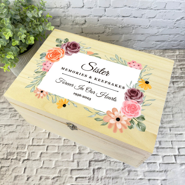 Sister Memories Watercolour Floral Memorial Personalised Wooden Keepsake Box