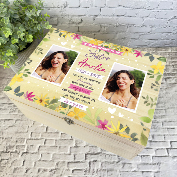 Sister Memorial Flower Photo Personalised Storage Wooden Memory Keepsake Box