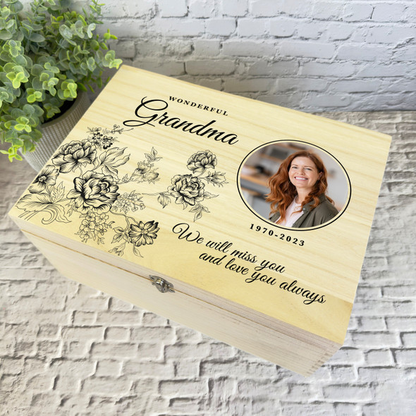 Grandma Black Flowers Photo Frame Memorial Personalised Wooden Keepsake Box