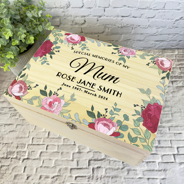 Memories Of Mum Pink Floral Frame Memorial Personalised Wooden Keepsake Box