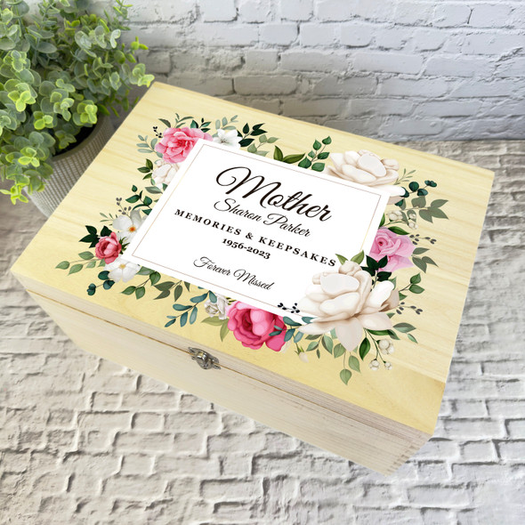 Mother Pink White Floral Memories Memorial Personalised Wooden Keepsake Box