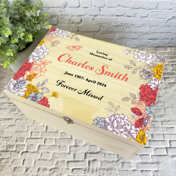 Red Yellow Floral Loving Memories Memorial Personalised Wooden Keepsake Box